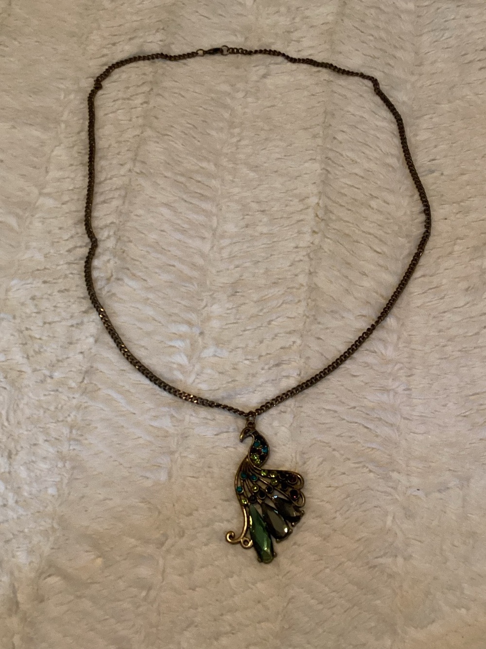 Vintage Bronze-toned Rainbow Rhinestone Sweet Peacock Necklace